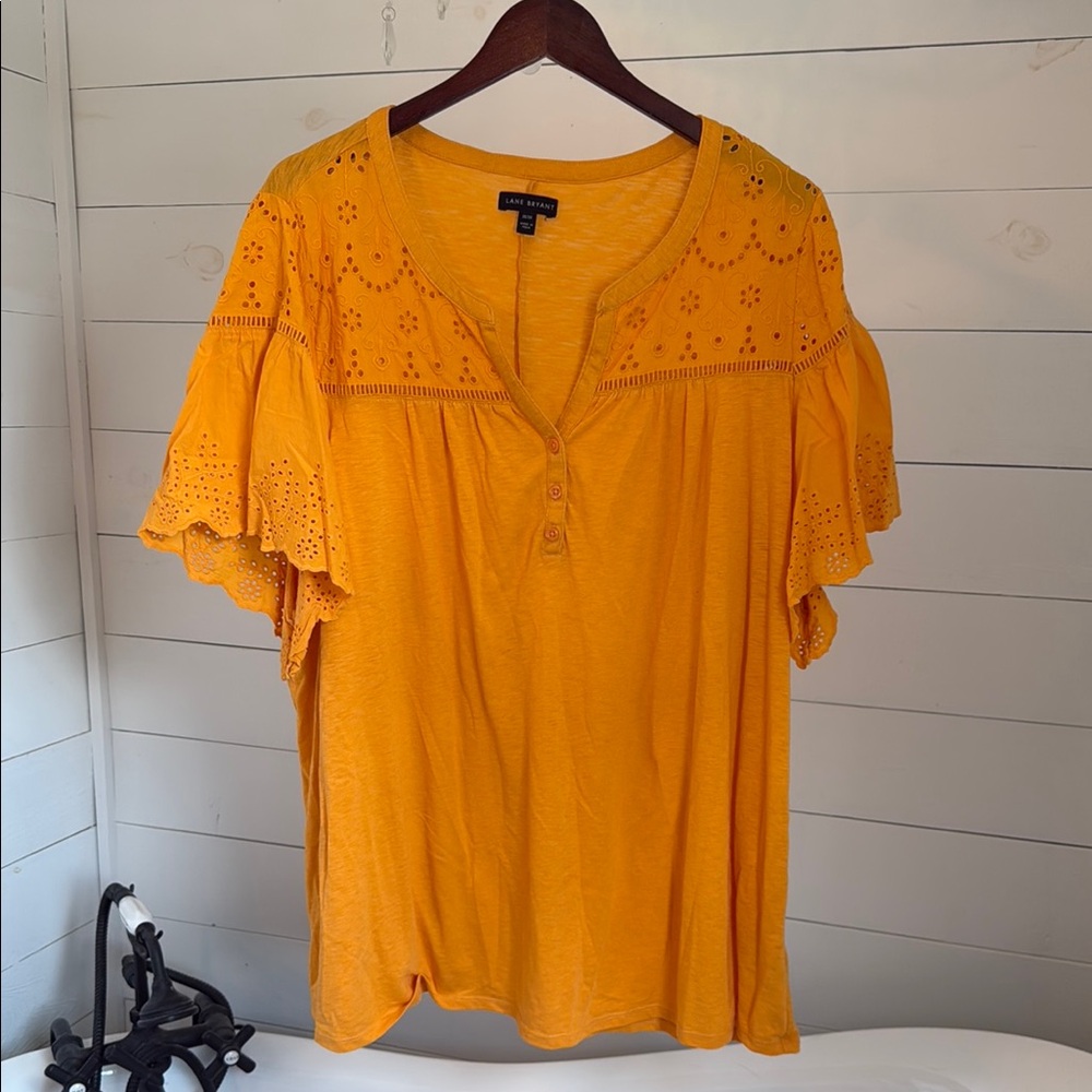 Lane Bryant Gold Relaxed Ruffled Blouse with V-Neck